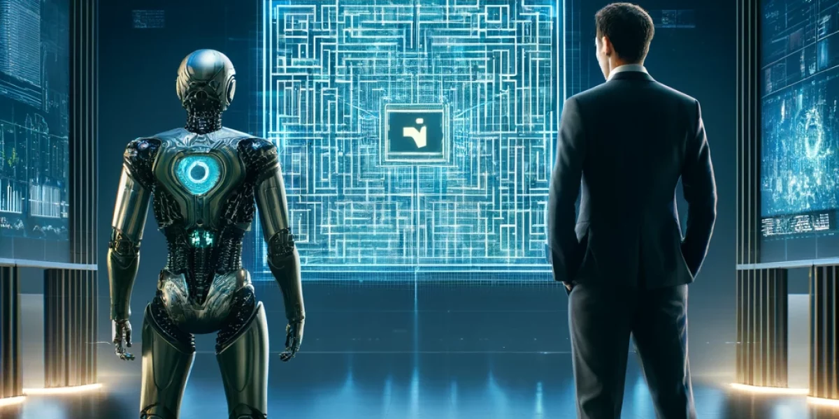 DALL·E 2024-05-15 15.15.21 - A futuristic scene depicting a lead implementer and a cyberbutler AI facing a large digital maze. The lead implementer is a middle-aged Caucasian ma